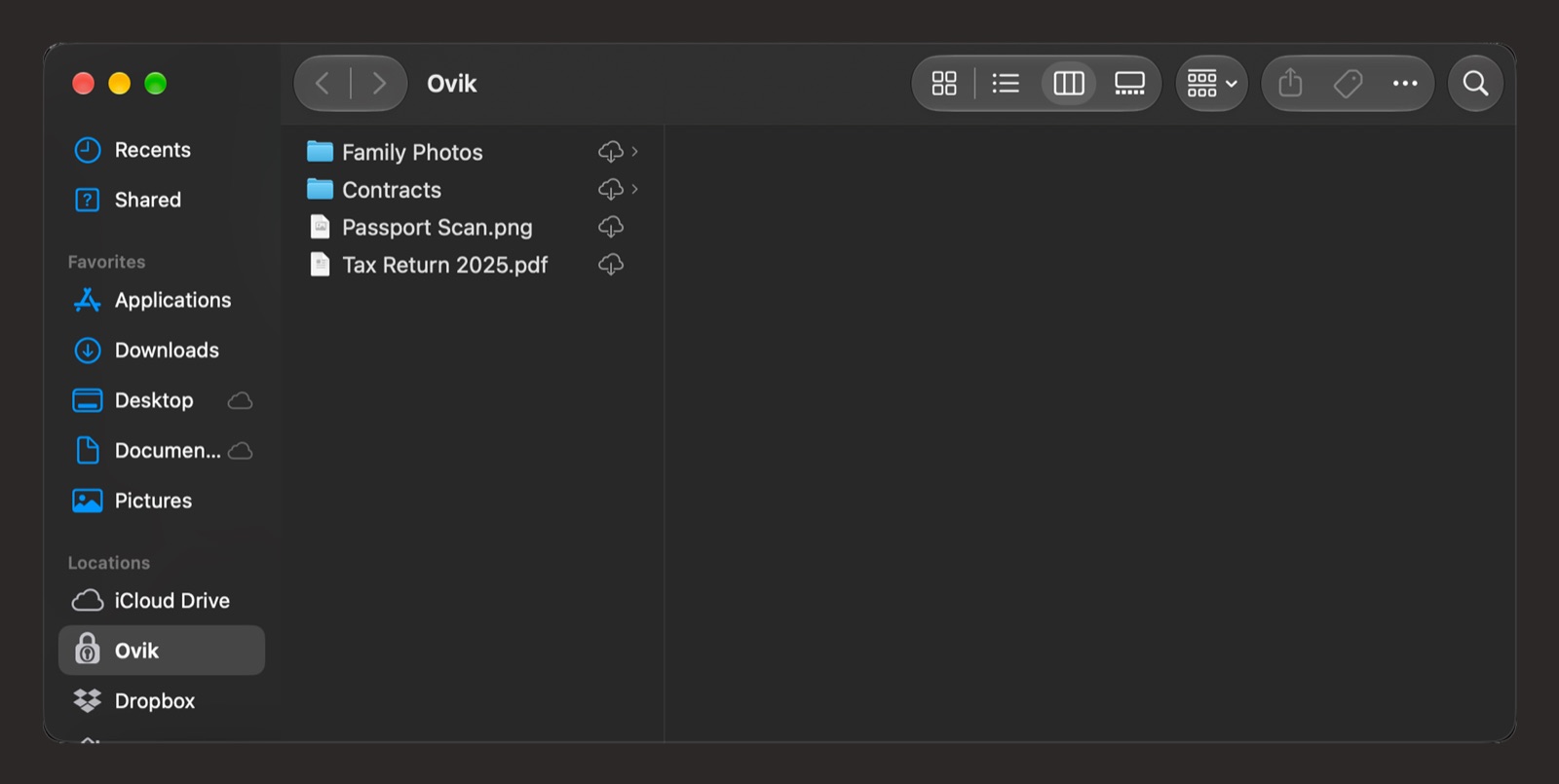 访达侧边栏中已解锁的 Ovik 保险库，显示其中的文件夹和文档